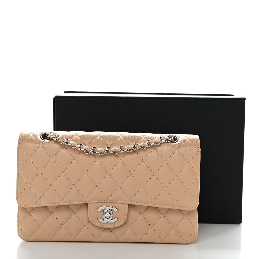 Caviar Quilted Medium Double Flap Beige