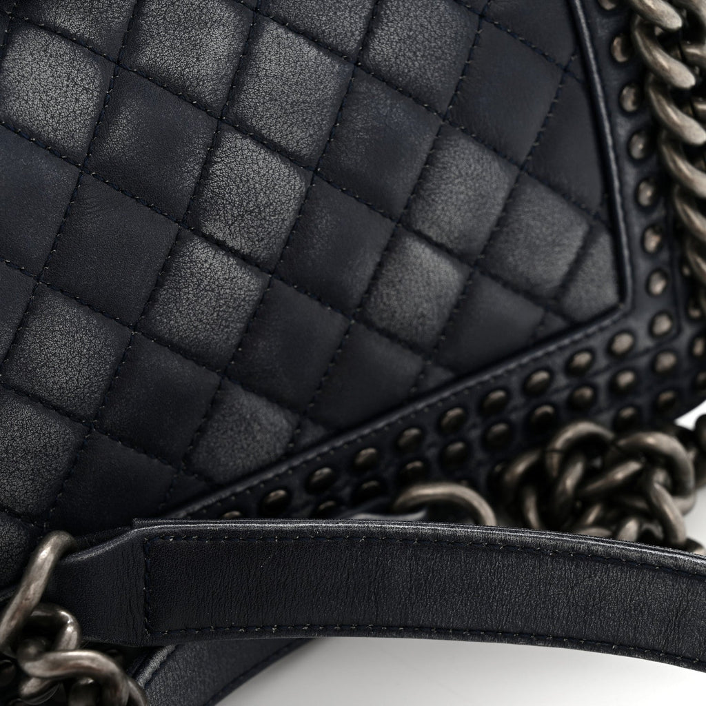 Faded Calfskin Quilted Small Studded Boy Flap Navy