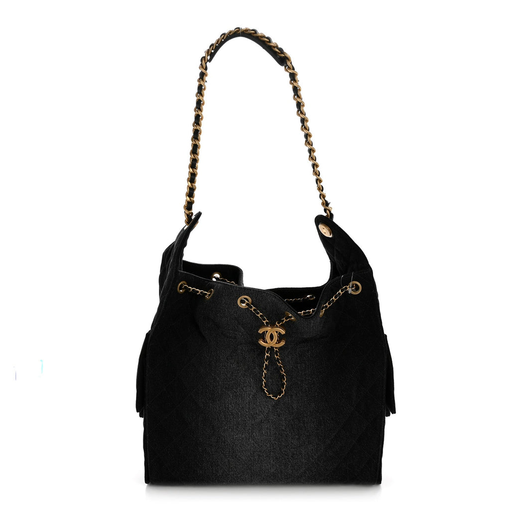 Washed Denim Quilted Medium Chanel 25 Handbag Black