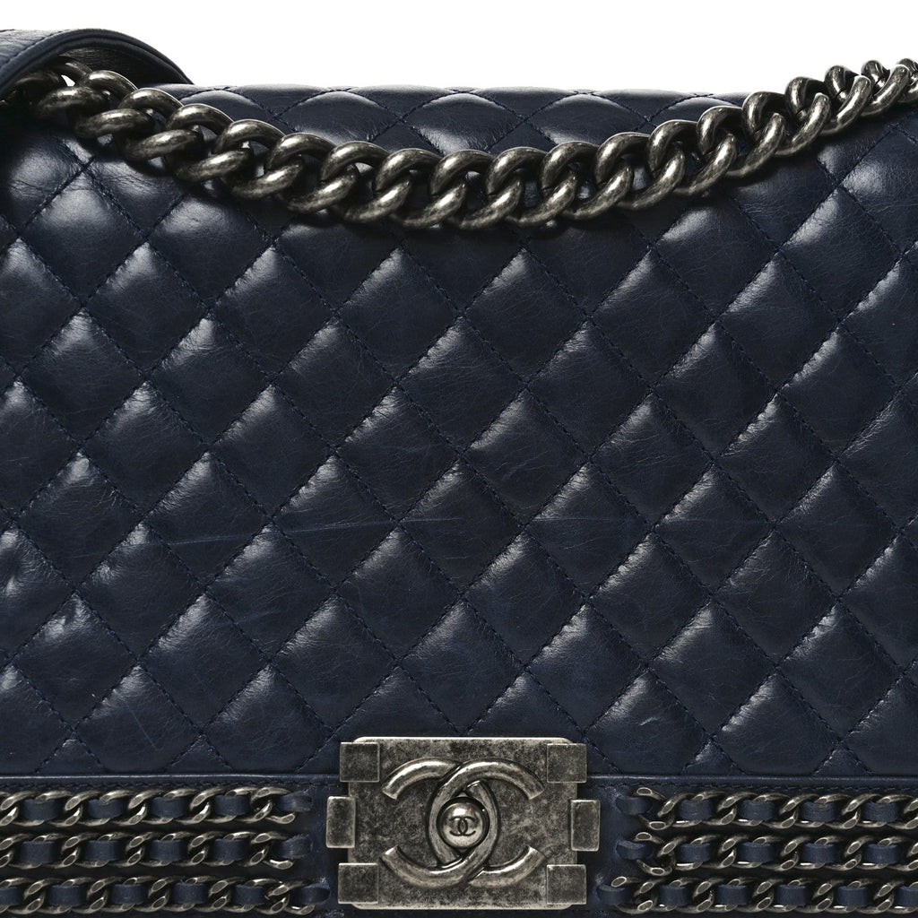 Glazed Calfskin Quilted New Medium Boy Chained Flap Navy