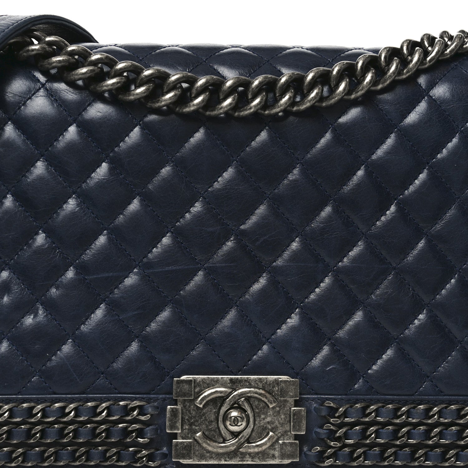 Glazed Calfskin Quilted New Medium Boy Chained Flap Navy