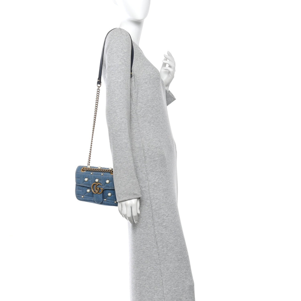Denim Matelasse Pearl Studded Mini GG Marmont Shoulder Bag Blue