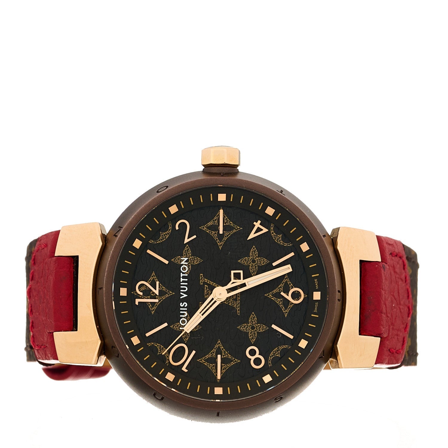 Stainless Steel 18K Rose Gold Monogram 34mm Tambour Quartz Watch Brown