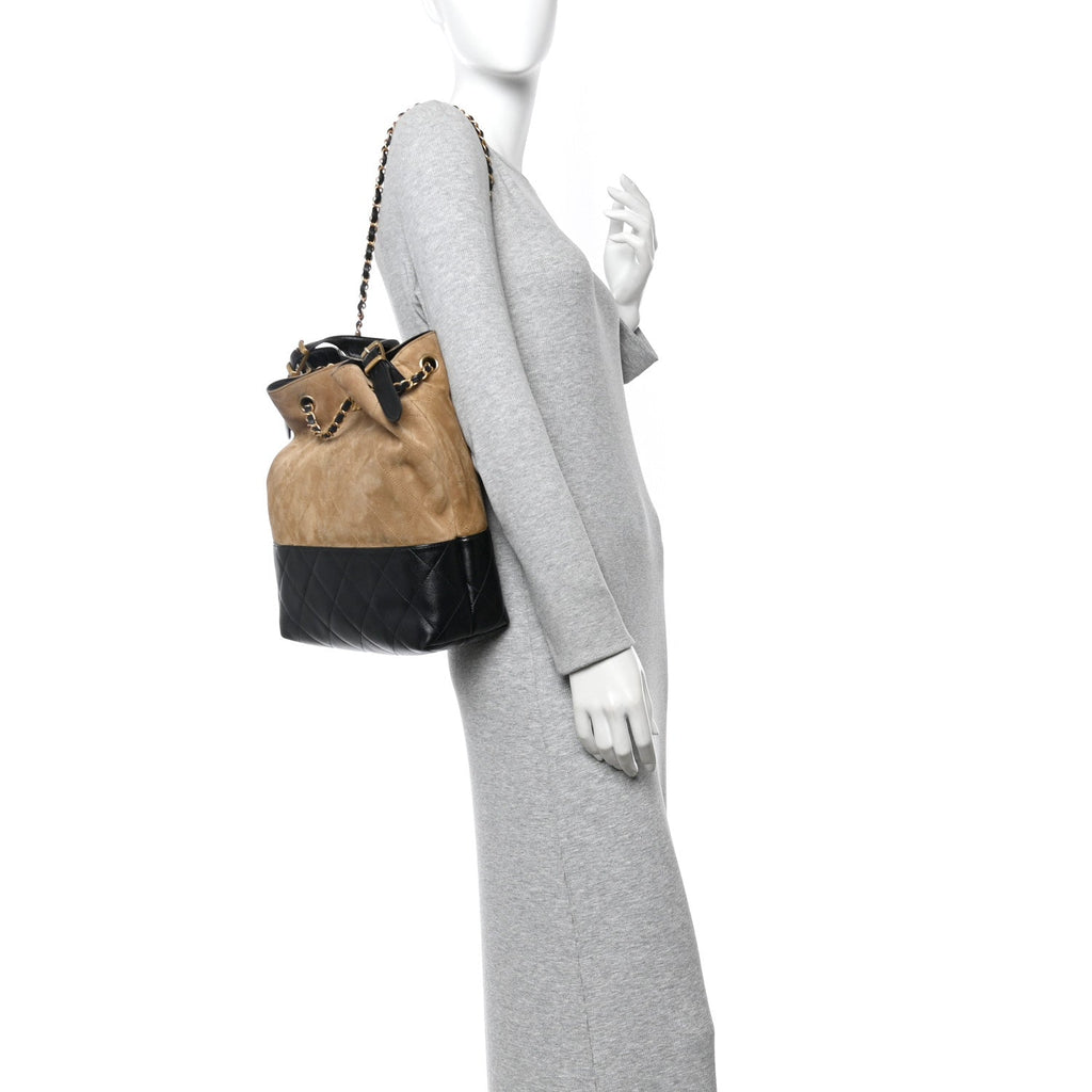 Suede Calfskin Shiny Lambskin Quilted Coco Base Shopping Bag Beige Black