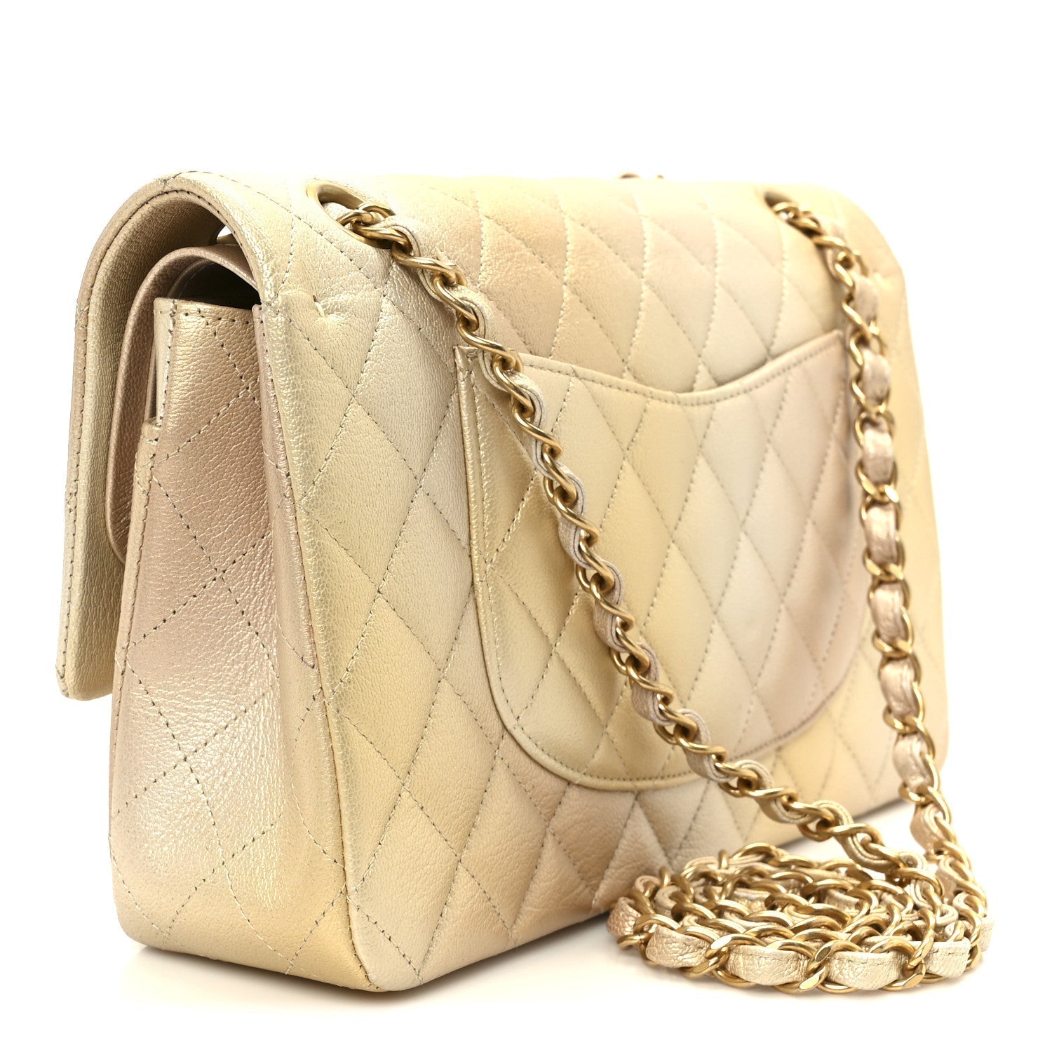 Metallic Goatskin Quilted Ombre Medium Double Flap Gold