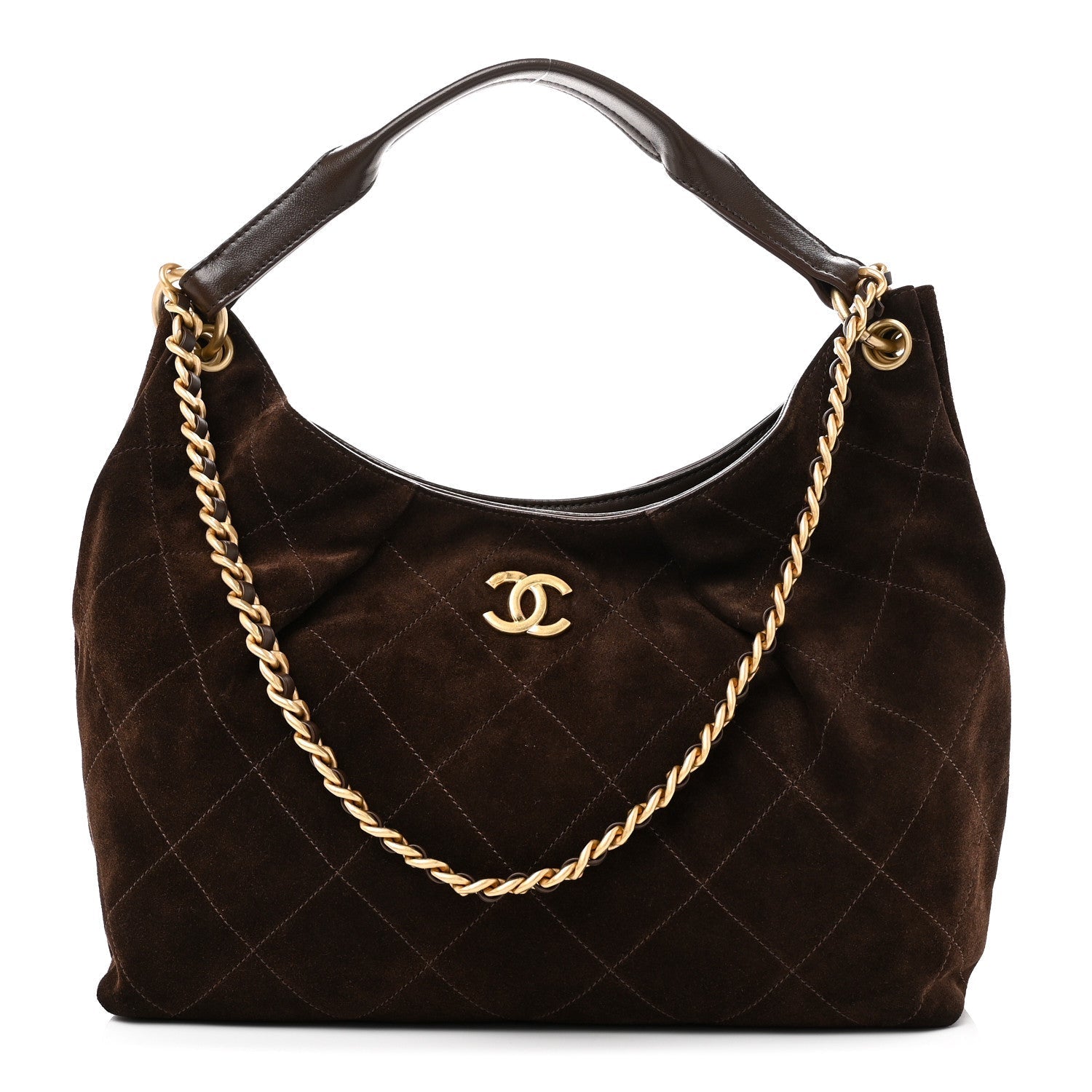 Suede Calfskin Lambskin Quilted Maxi Hobo Dark Brown