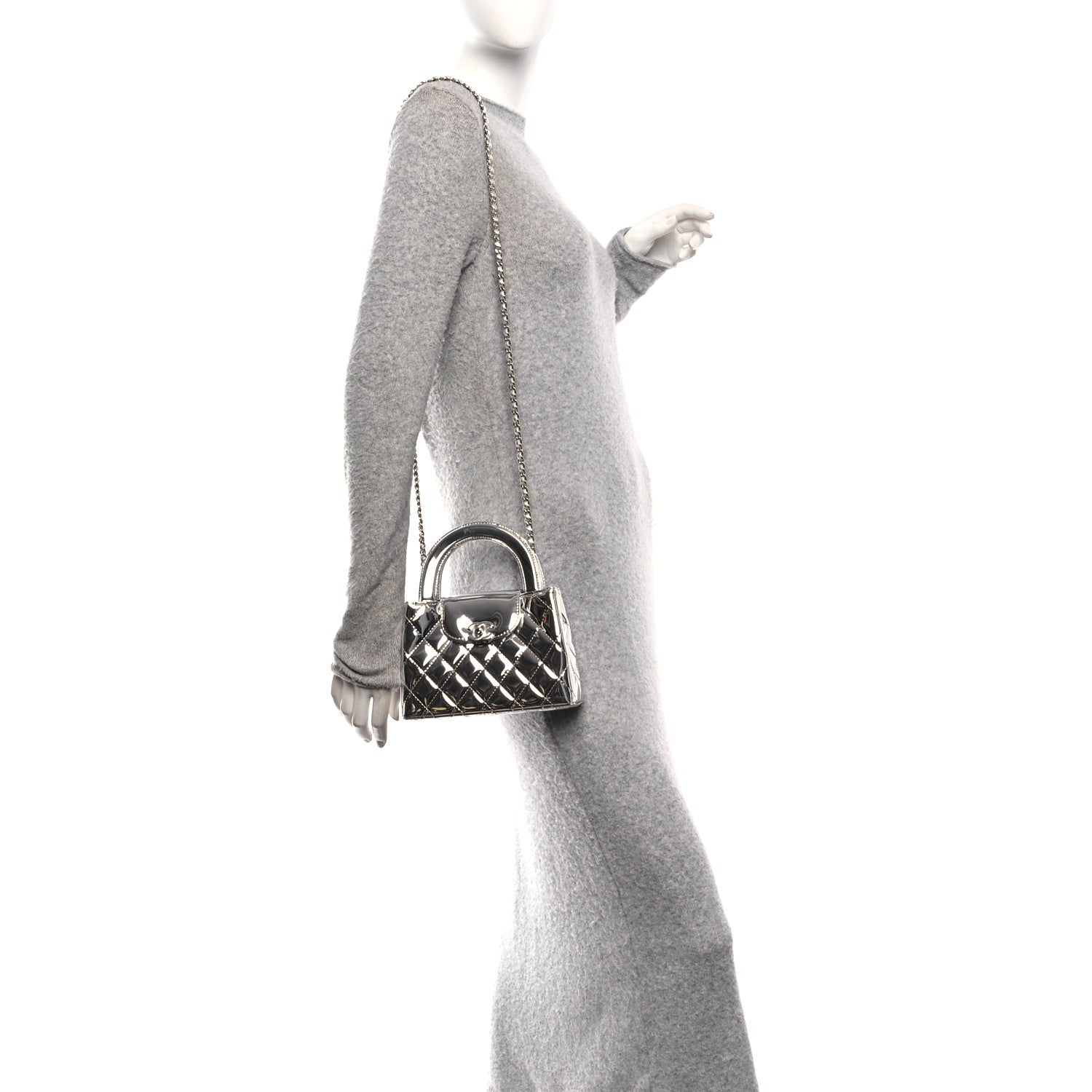 Mirror Calfskin Metallic Calfskin Quilted Nano Kelly Shopper Silvery