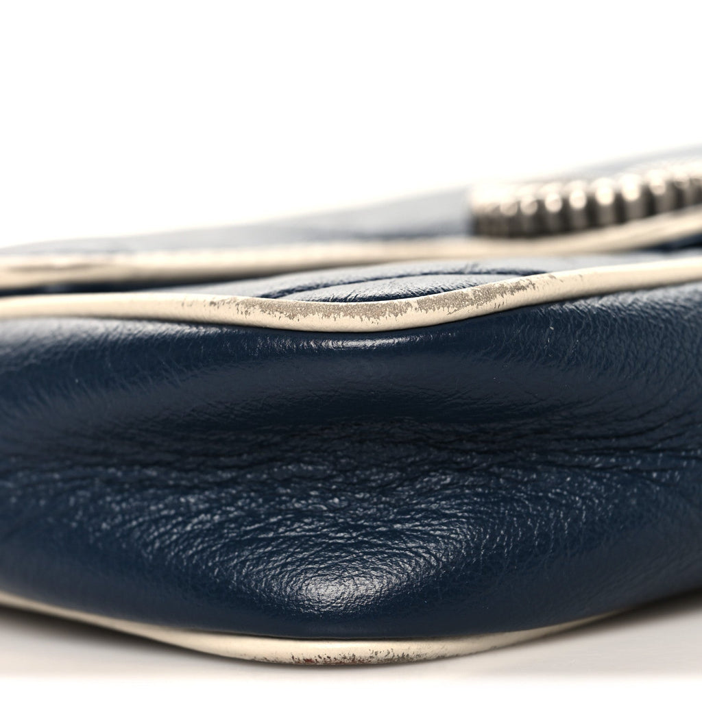 Vintage Effect Calfskin Matelasse Diagonal Super Mini Torchon GG Marmont Shoulder Bag Blue Agata Mystic White