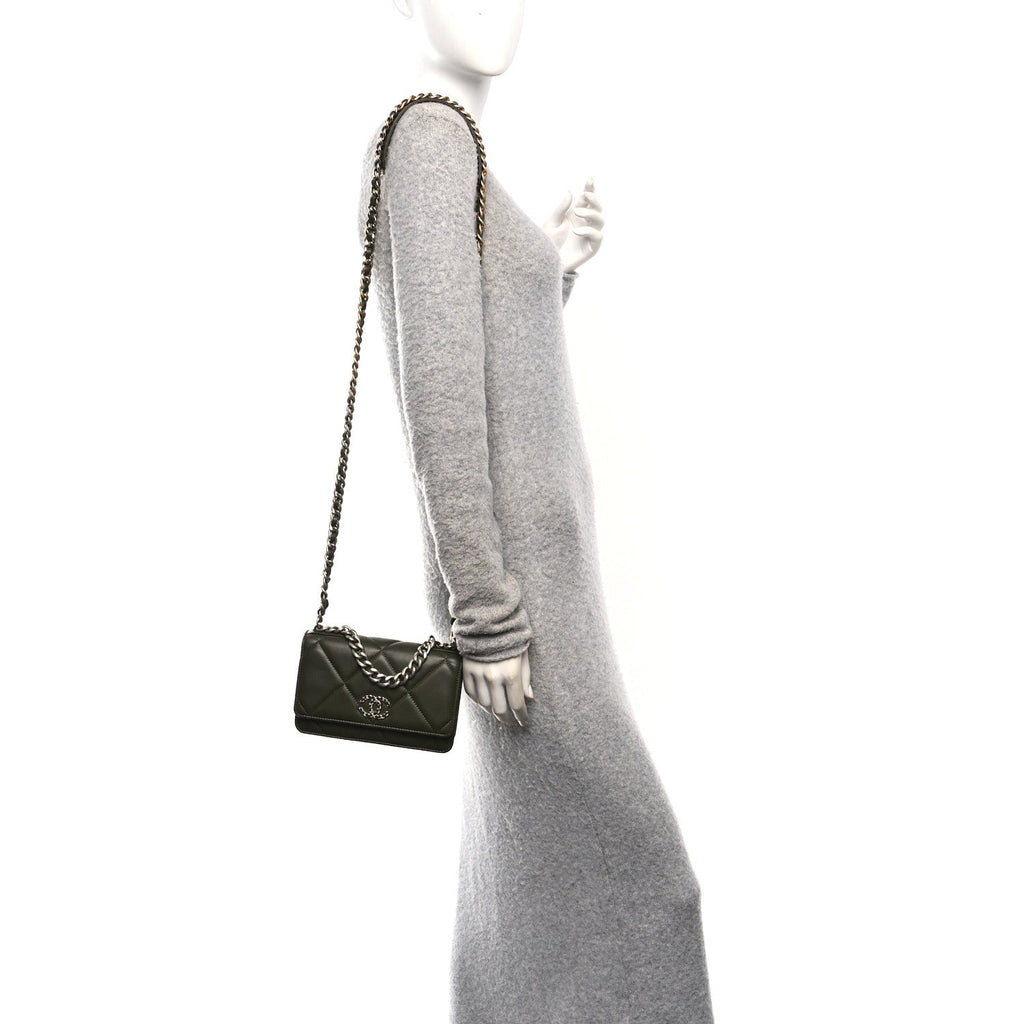 Lambskin Quilted Chanel 19 Wallet On Chain WOC Dark Green