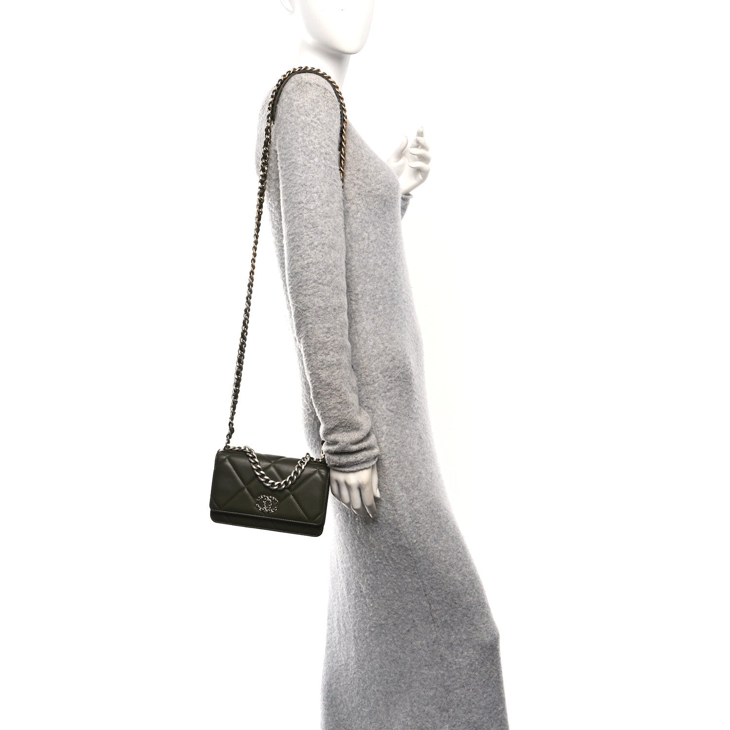 Lambskin Quilted Chanel 19 Wallet On Chain WOC Dark Green