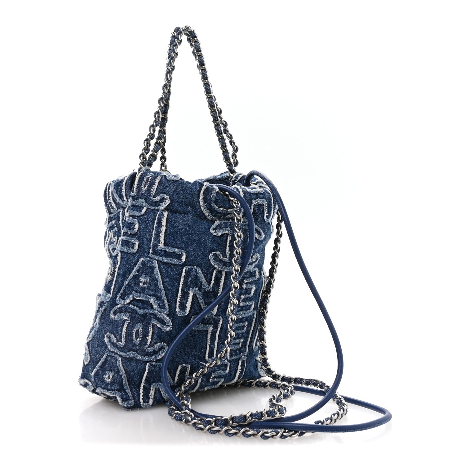 Washed Denim Logo Embroidered Mini Chanel 22 Blue