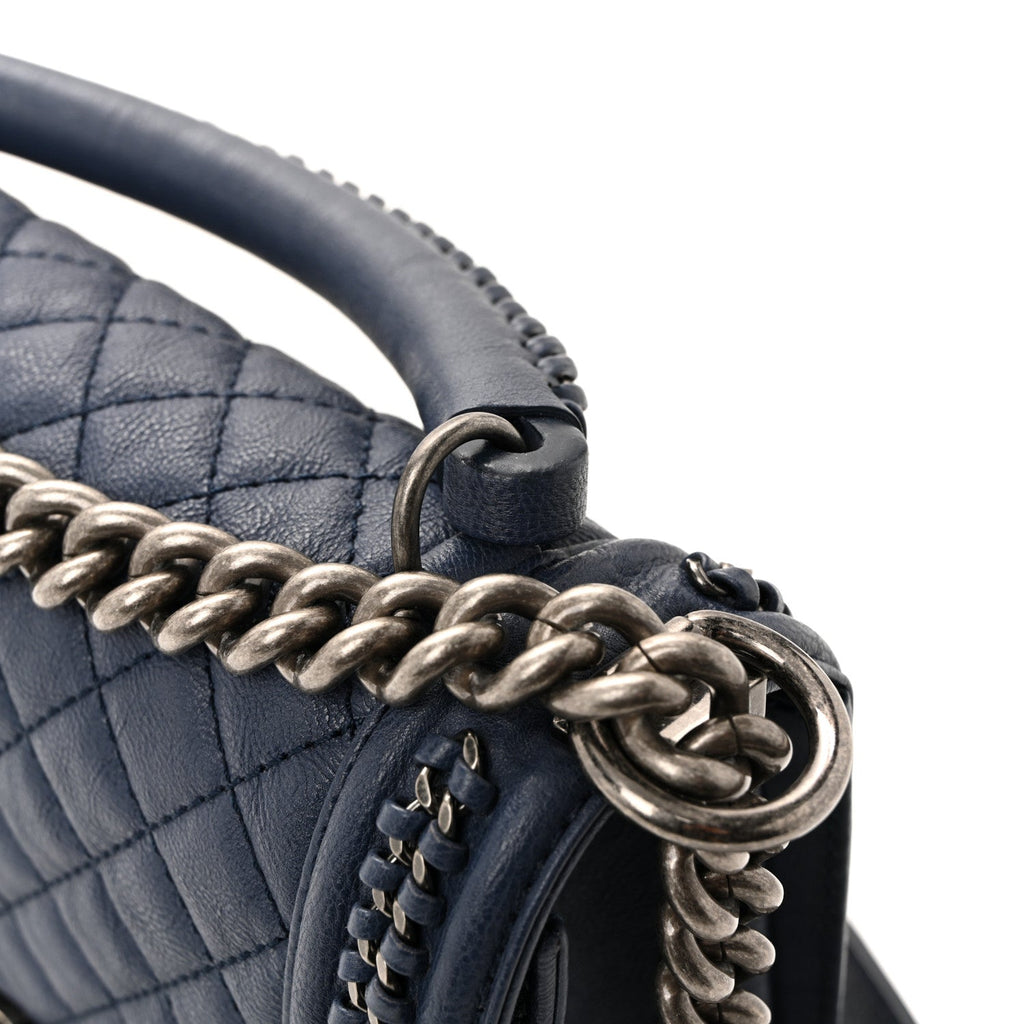Lambskin Quilted Medium Top Handle Boy Flap Blue