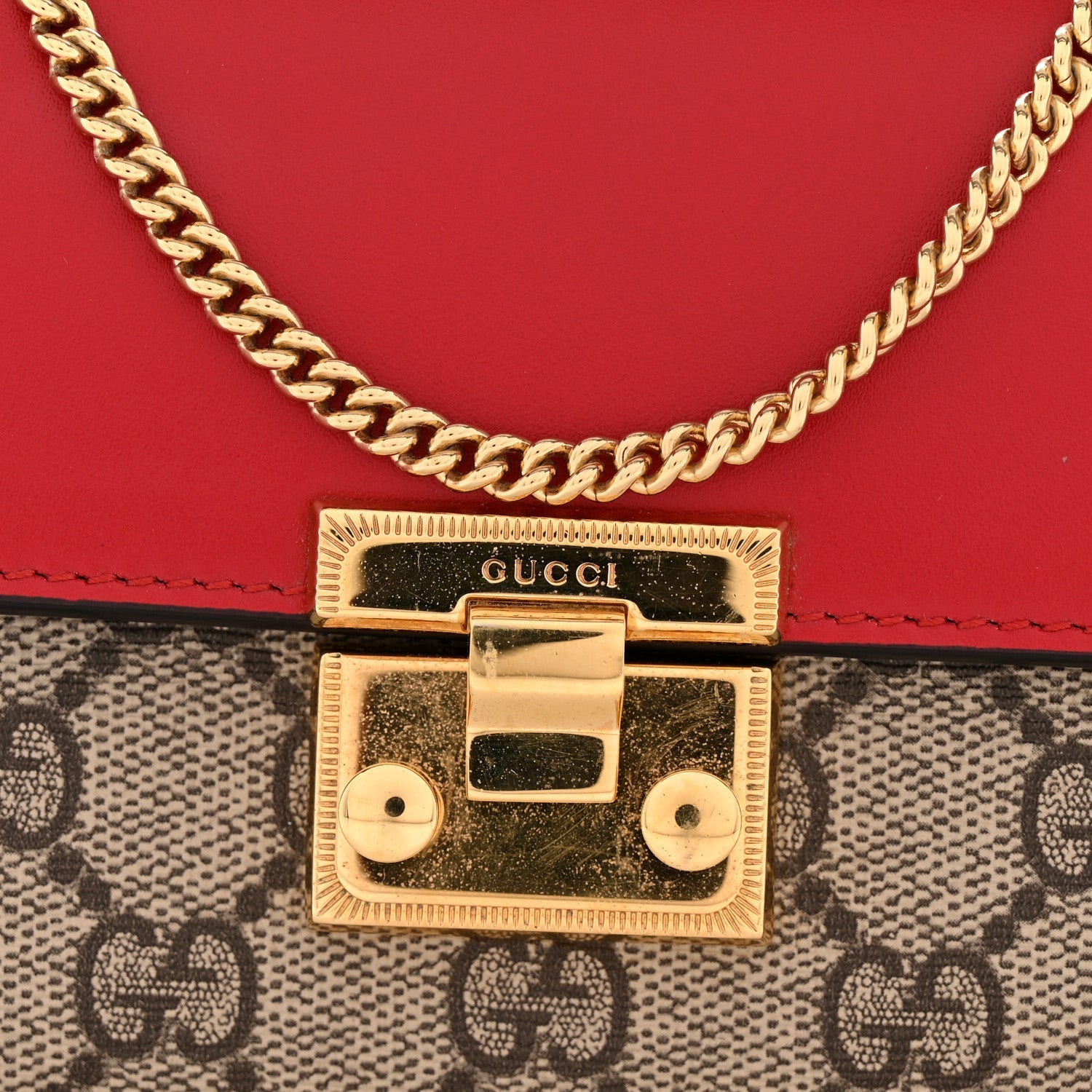 GG Supreme Monogram Moon Calfskin Padlock Continental Chain Wallet Beige Ebony Hibiscus Red New Rosette