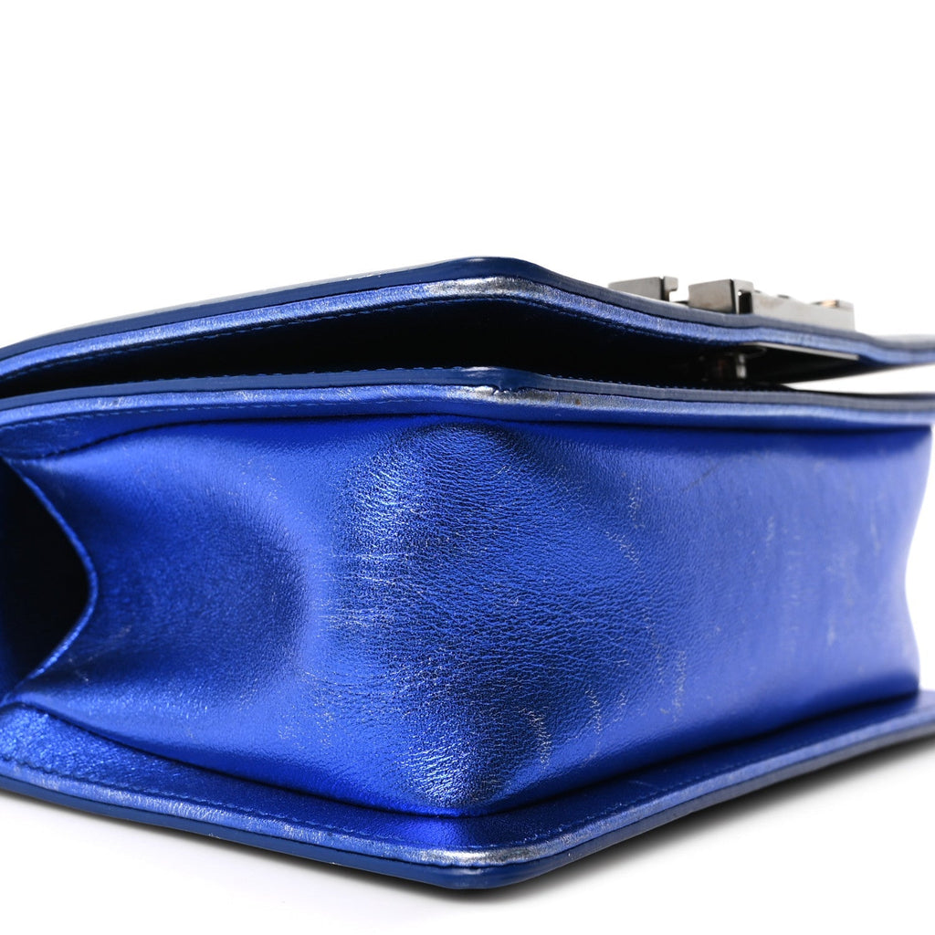 Metallic Patent Calfskin Quilted Small Boy Flap Blue