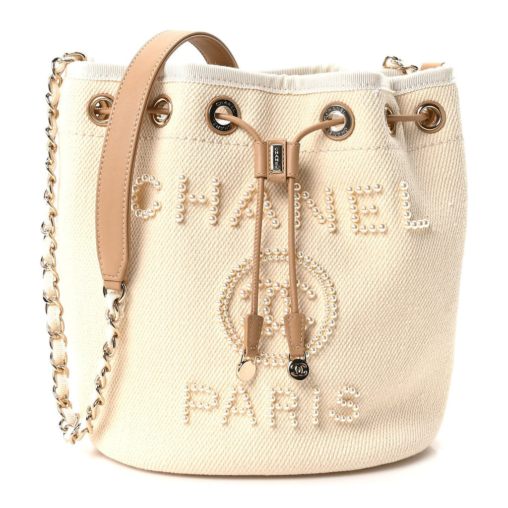 Canvas Pearl Deauville Drawstring Bucket Bag Ecru Beige