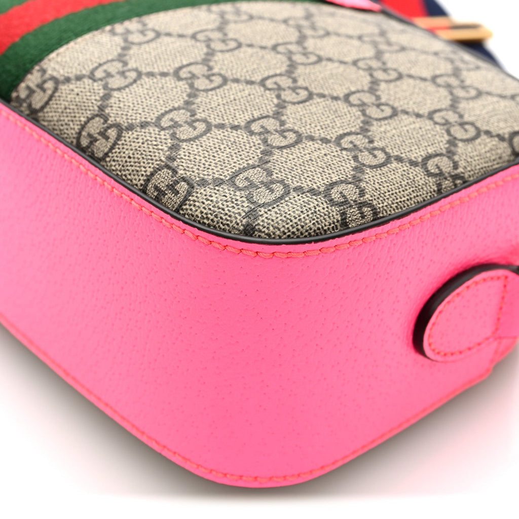 GG Supreme Monogram Textured Dollar Calfskin Web Ophidia Small Crossbody Bag Beige Ebony Fuchsia