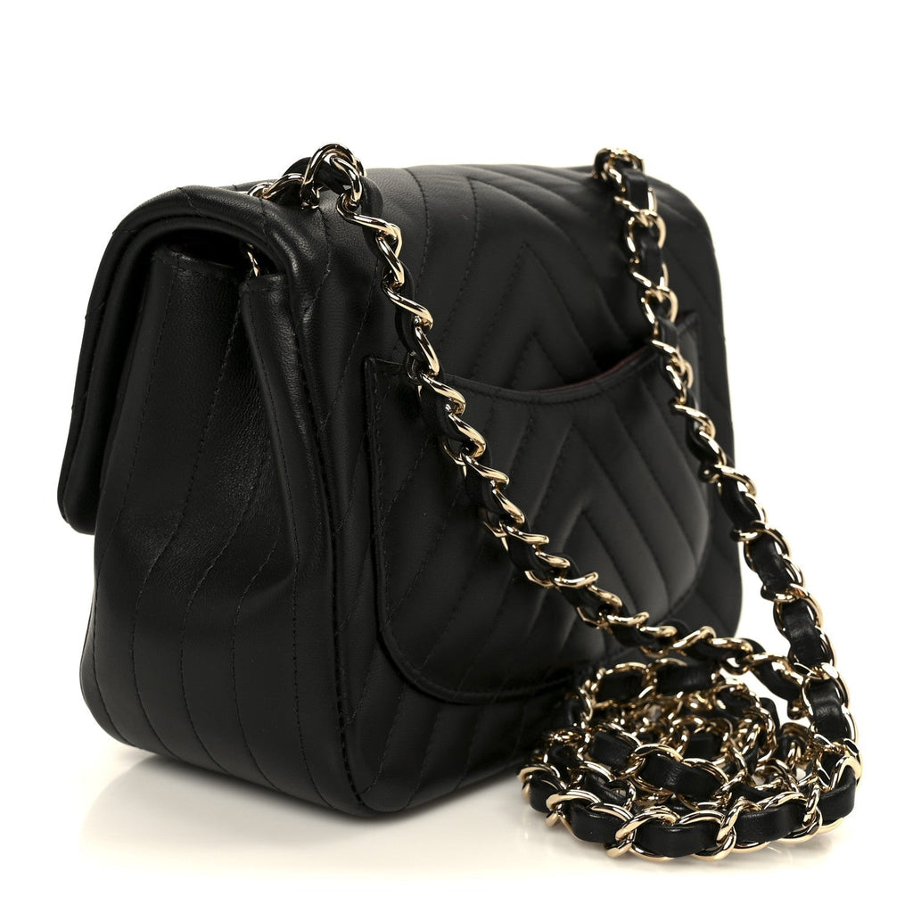 Lambskin Chevron Quilted Mini Square Flap Black