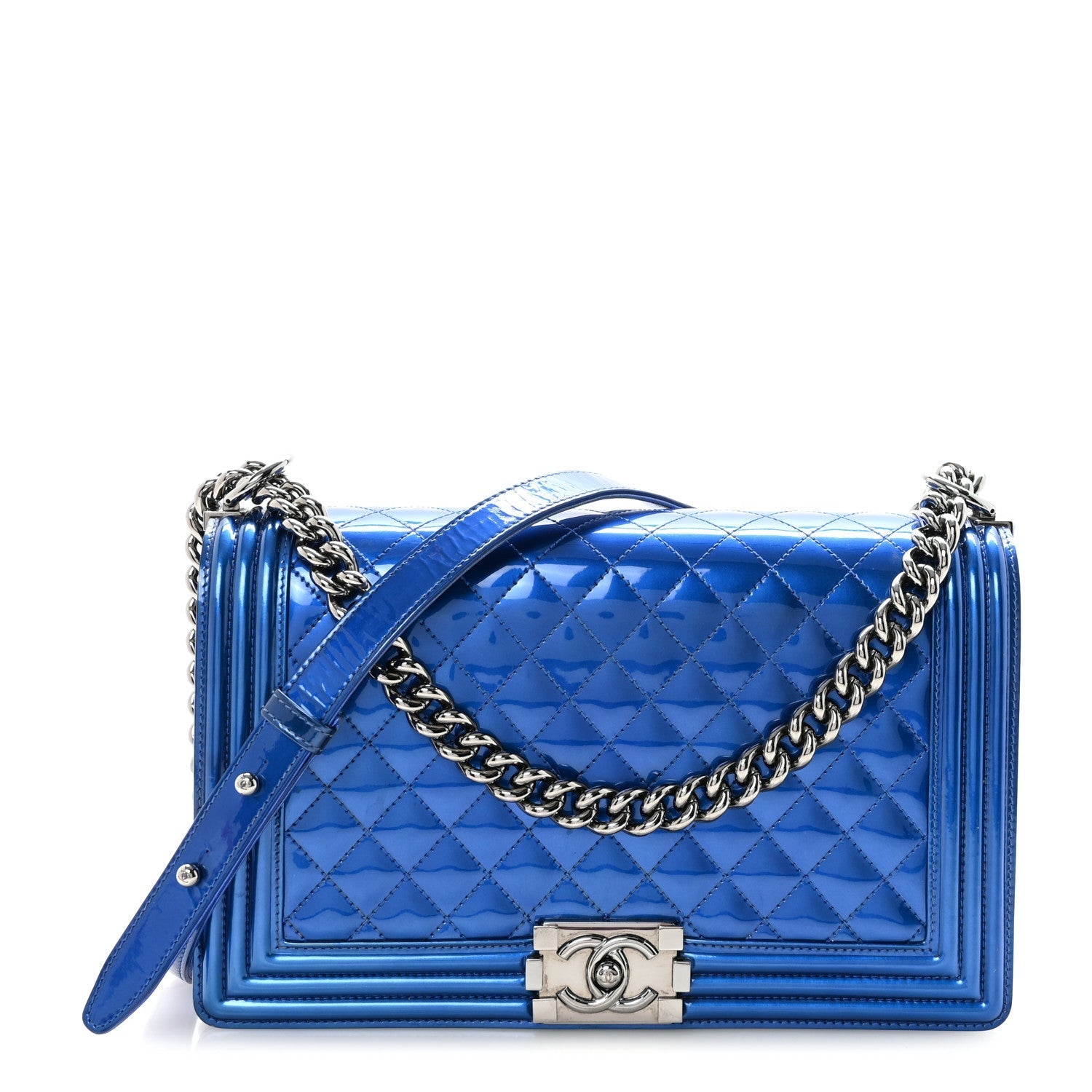 Metallic Patent Quilted New Medium Boy Flap Blue