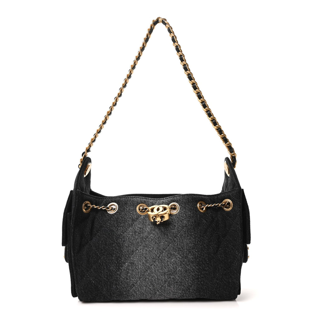 Washed Denim Quilted Mini Chanel 25 Handbag Black