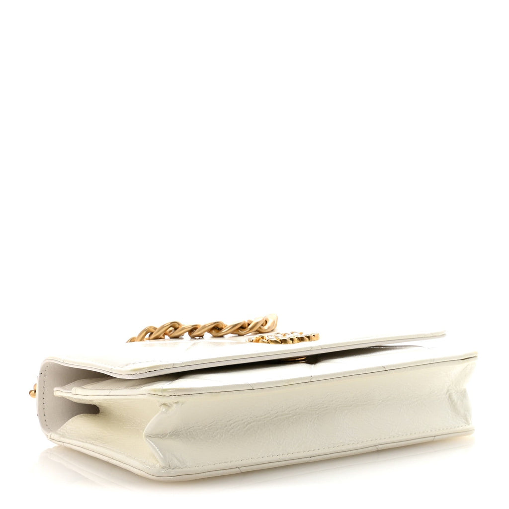 Shiny Crumpled Calfskin Quilted Chanel 19 Wallet On Chain WOC White