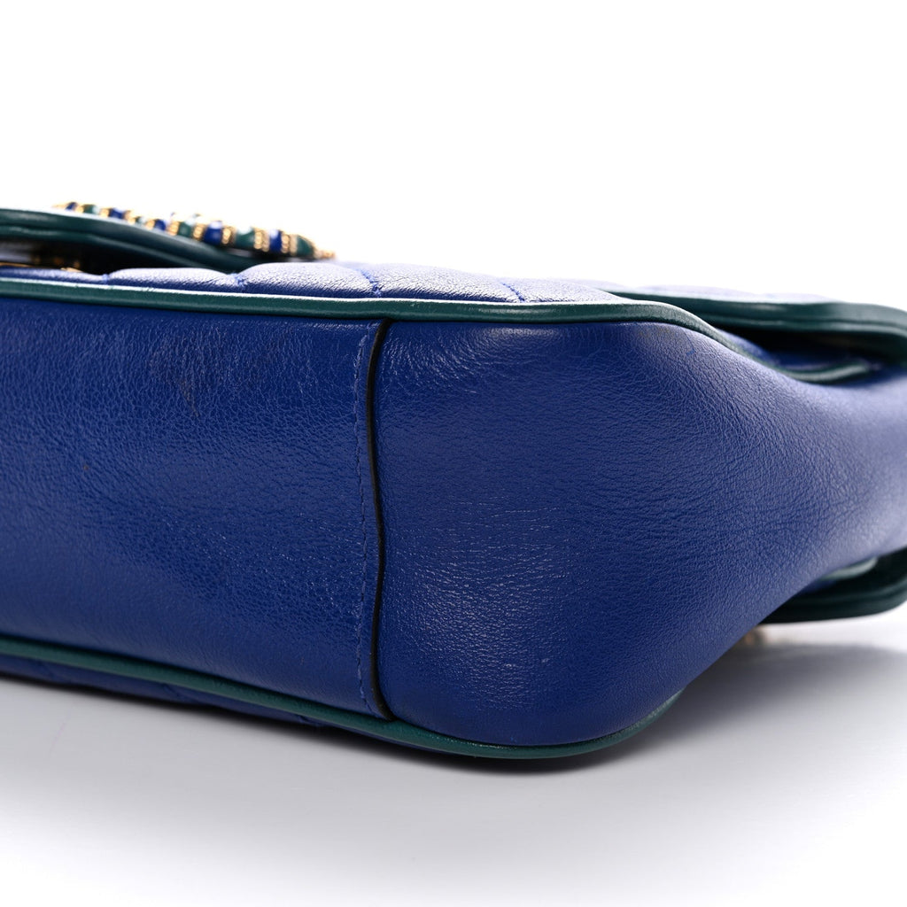 Azalea Calfskin Enamel Matelasse Diagonal Small Torchon GG Marmont Shoulder Bag Imperial Blue Pavone