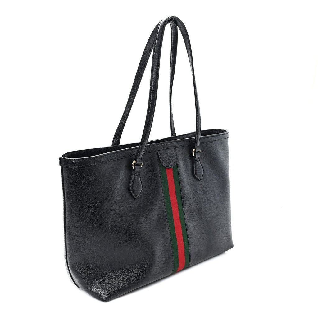Textured Calfskin Web Medium Ophidia Shopping Tote Black