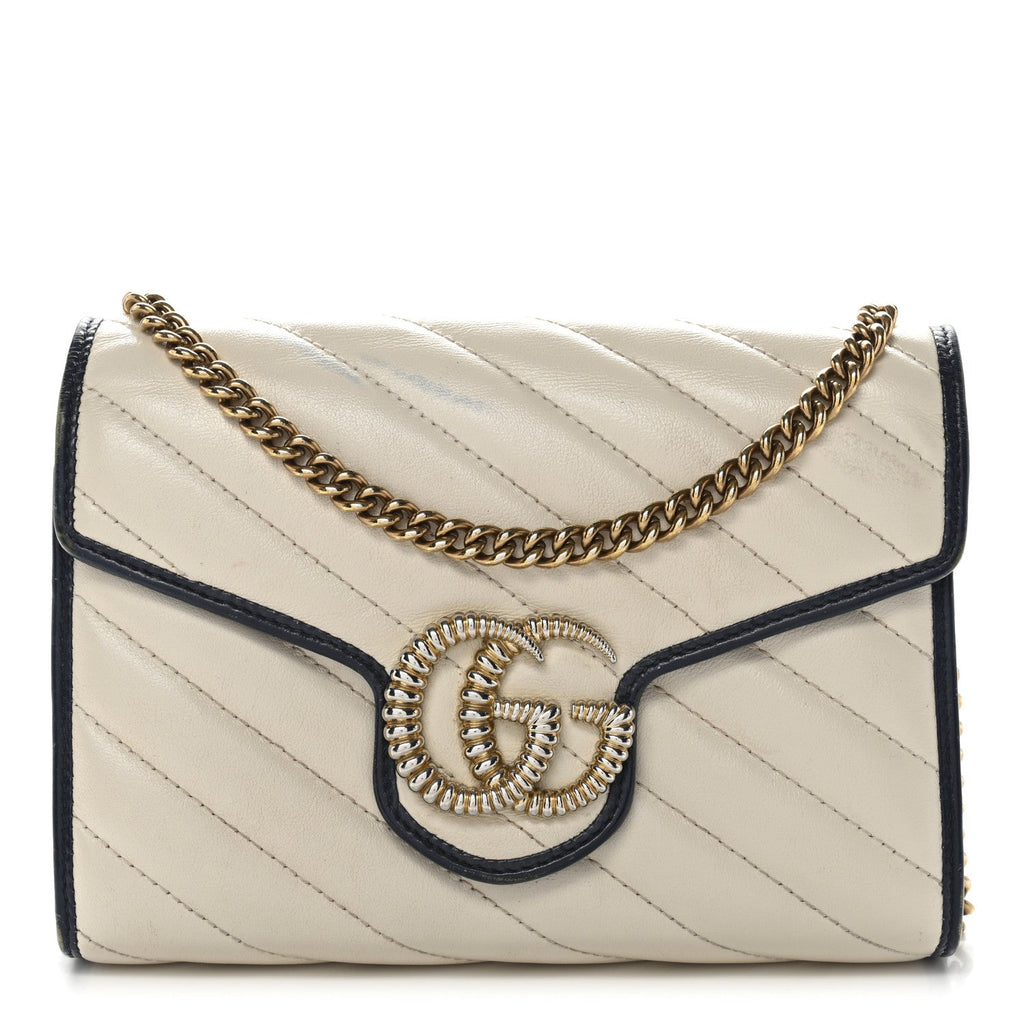Vintage Effect Calfskin Matelasse Diagonal Torchon GG Marmont Chain Wallet Mystic White Blue Agata