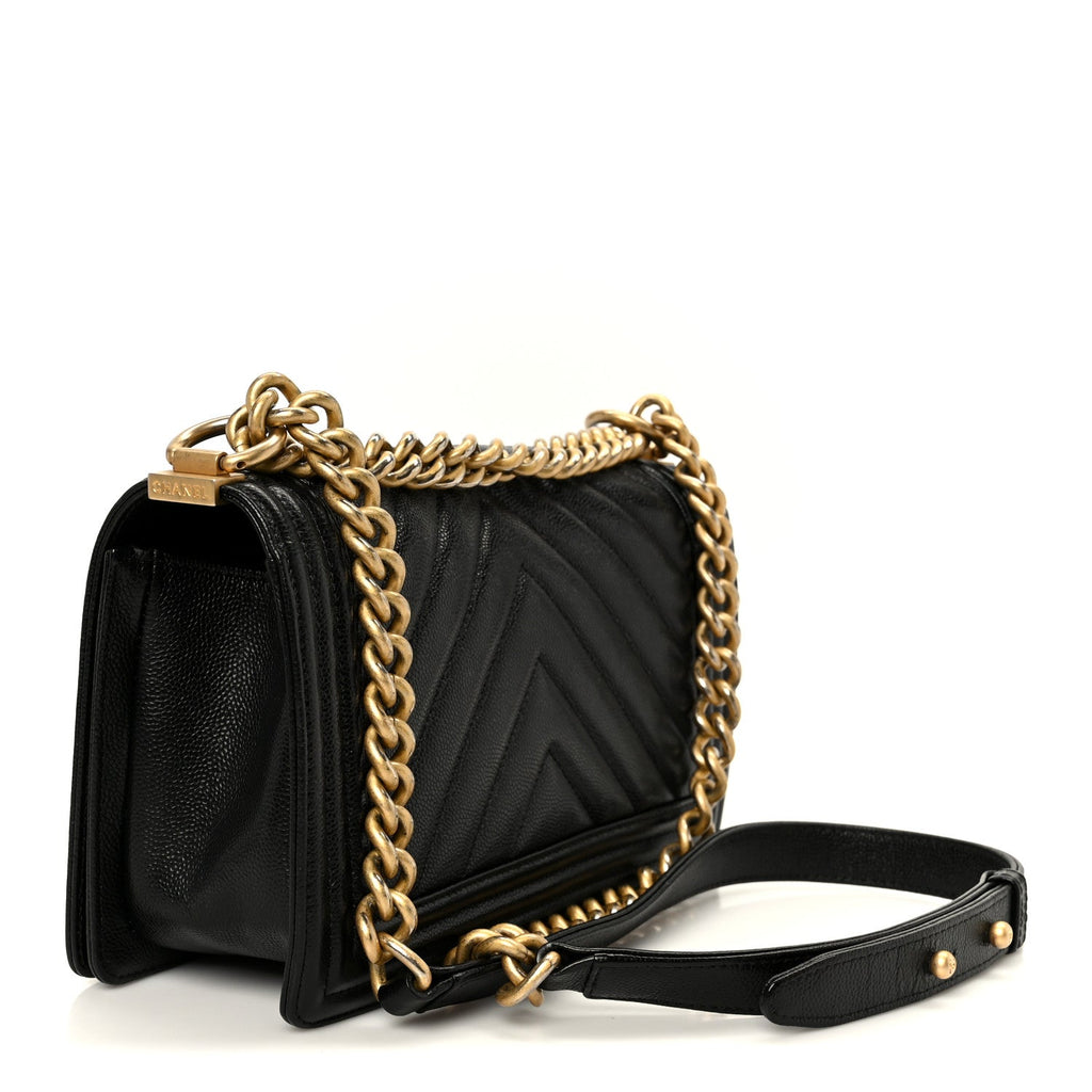 Caviar Chevron Quilted Medium Boy Flap Black