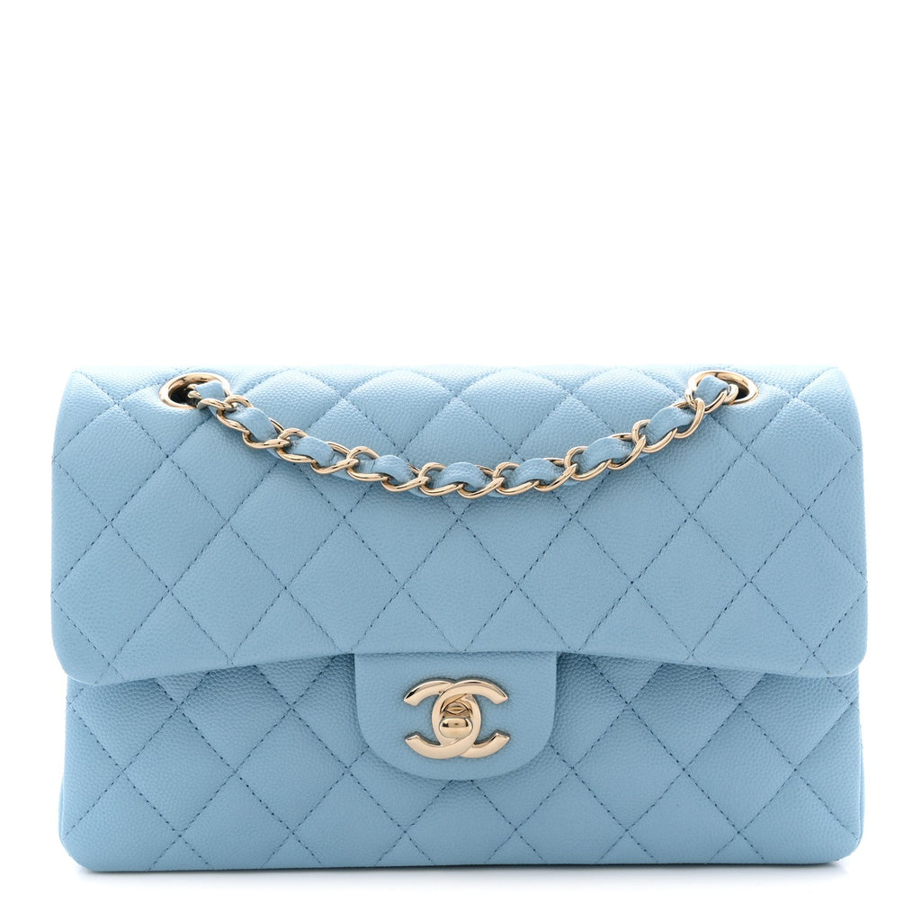 Caviar Quilted Small Double Flap Light Blue