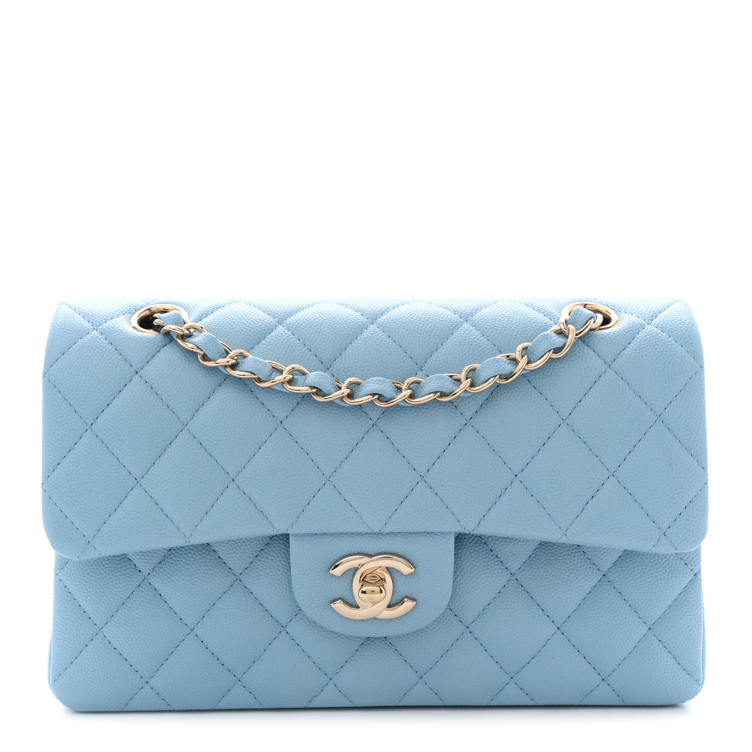 Caviar Quilted Small Double Flap Light Blue