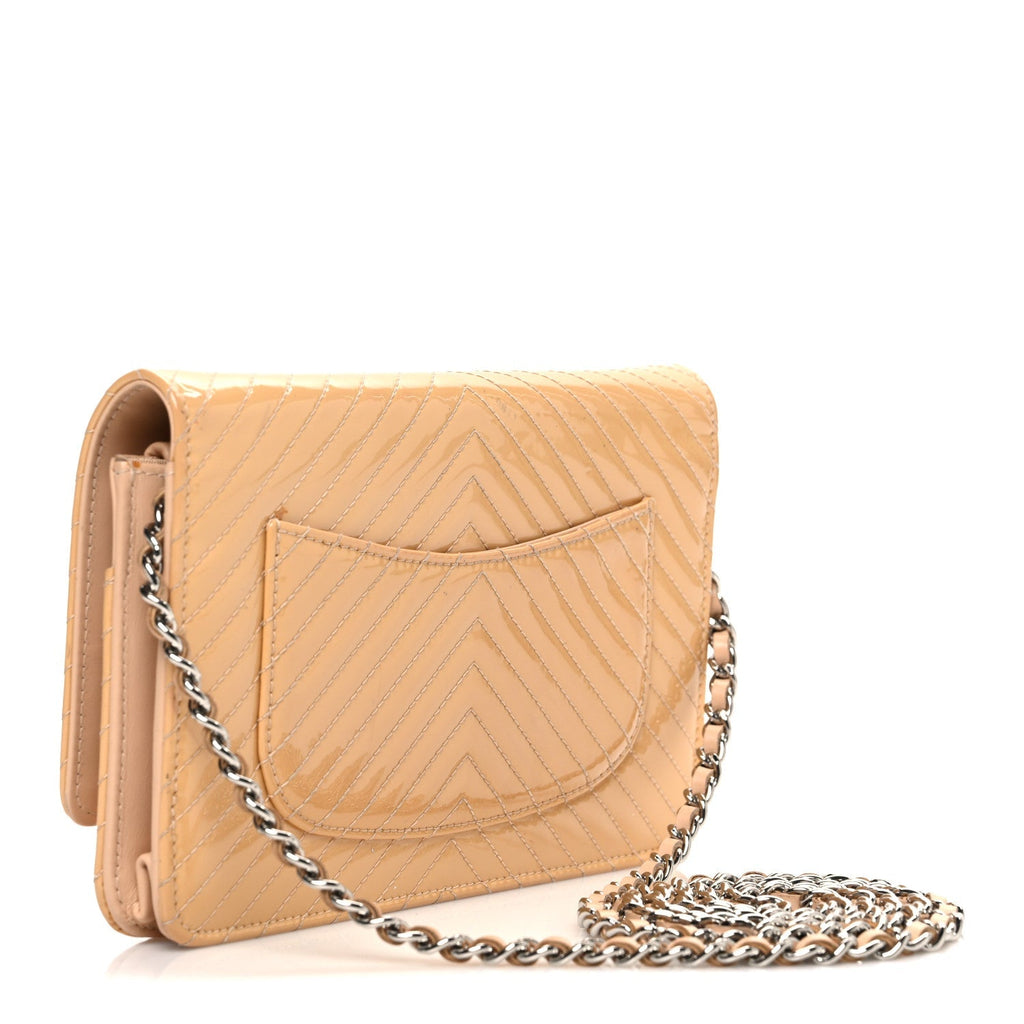Patent Calfskin Chevron Quilted Wallet On Chain WOC Beige