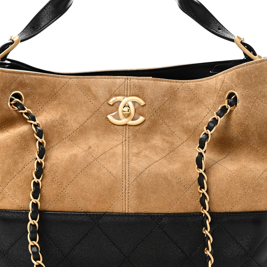 Suede Calfskin Shiny Lambskin Quilted Small Coco Base Shopping Bag Beige Black