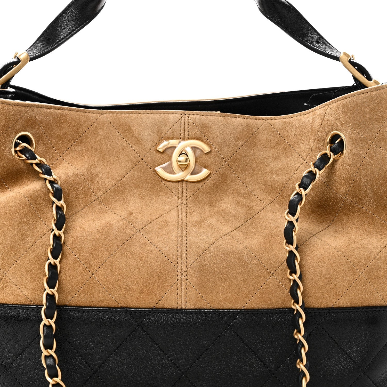 Suede Calfskin Shiny Lambskin Quilted Small Coco Base Shopping Bag Beige Black