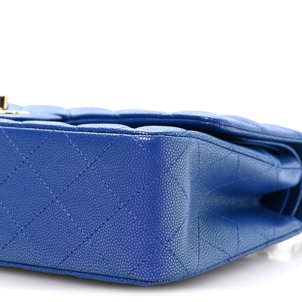 Iridescent Caviar Quilted Medium Double Flap Blue