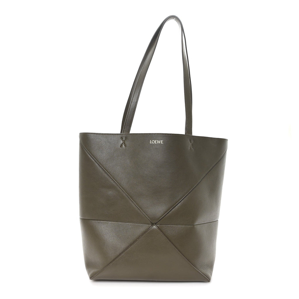 Shiny Calfskin Medium Puzzle Fold Tote Dark Khaki Green