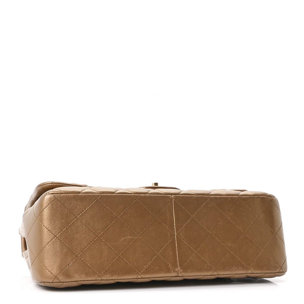 Metallic Lambskin Quilted Jumbo Double Flap Khaki