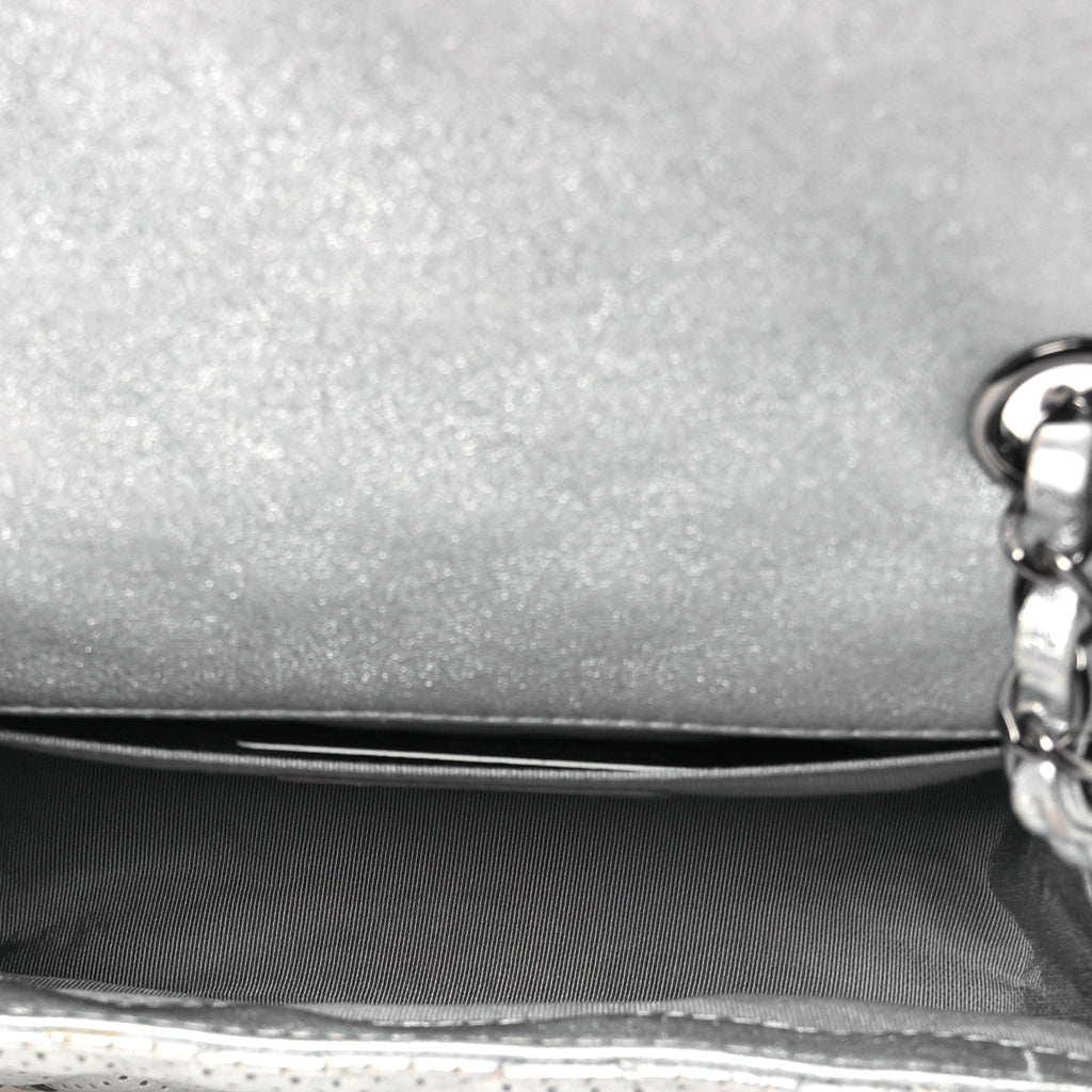 Metallic Lambskin Perforated Mini Rectangular Flap Silver