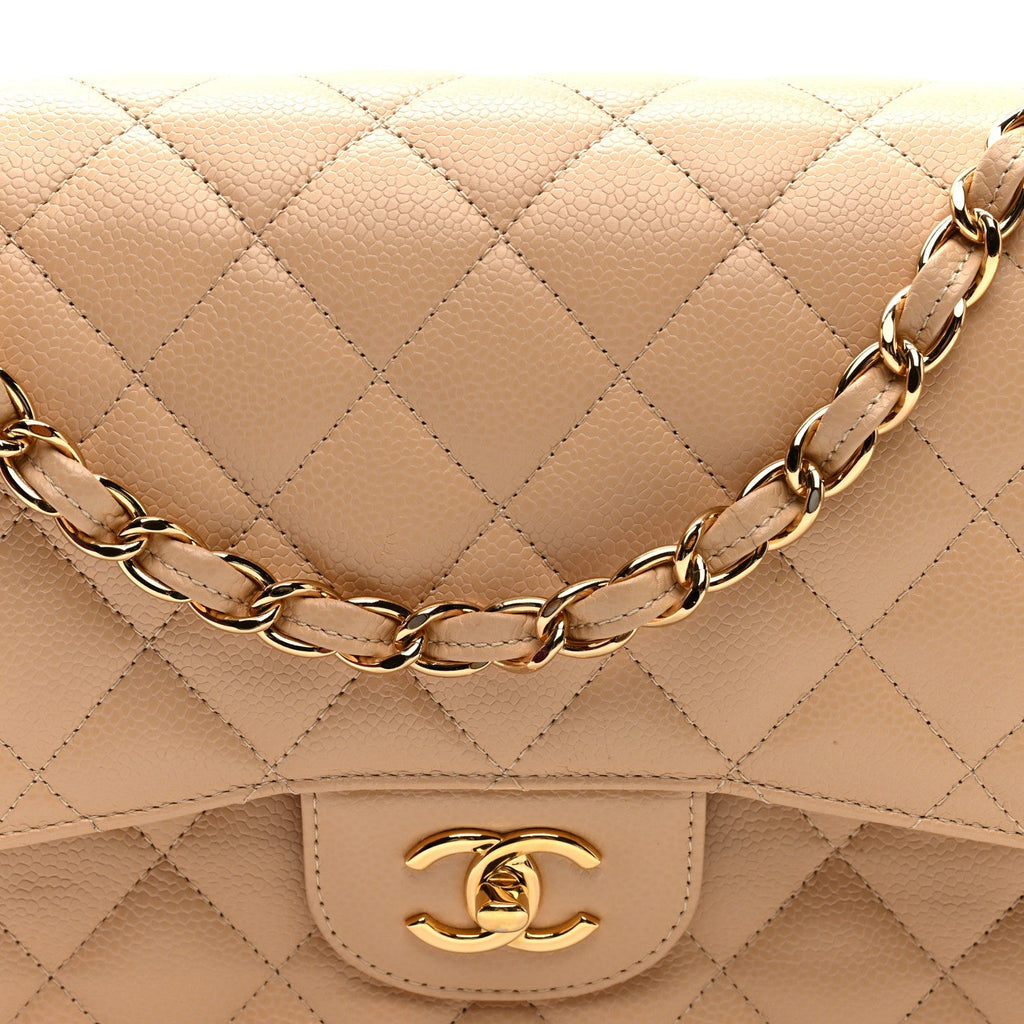 Caviar Quilted Jumbo Double Flap Light Beige