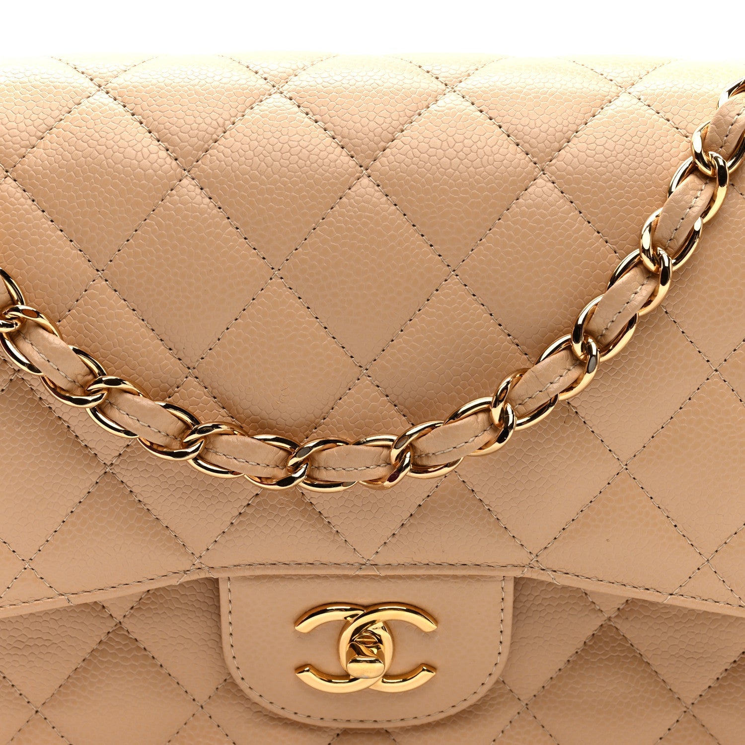Caviar Quilted Jumbo Double Flap Light Beige