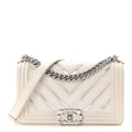 Lambskin Iridescent PVC Chevron Quilted Medium Boy Flap White Silver