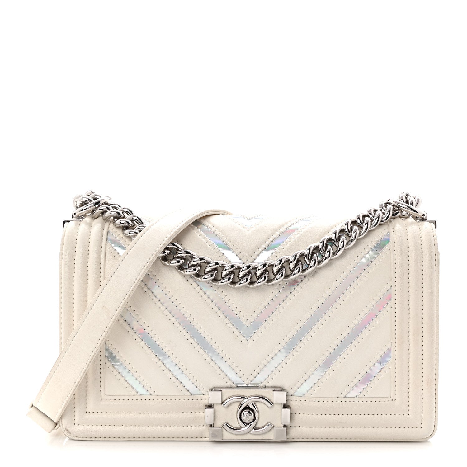 Lambskin Iridescent PVC Chevron Quilted Medium Boy Flap White Silver