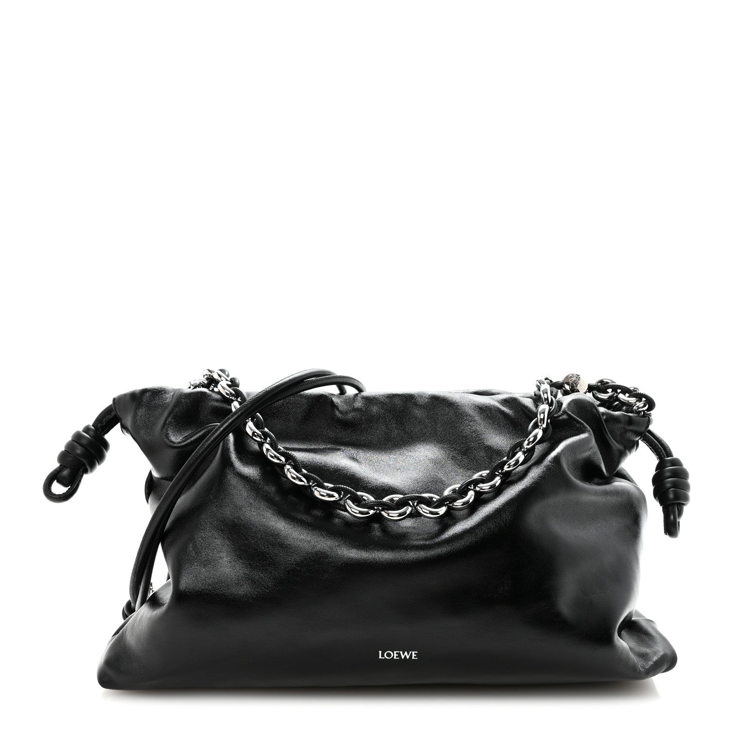 Patent Lambskin Donut Chain Large Flamenco Knot Clutch Black