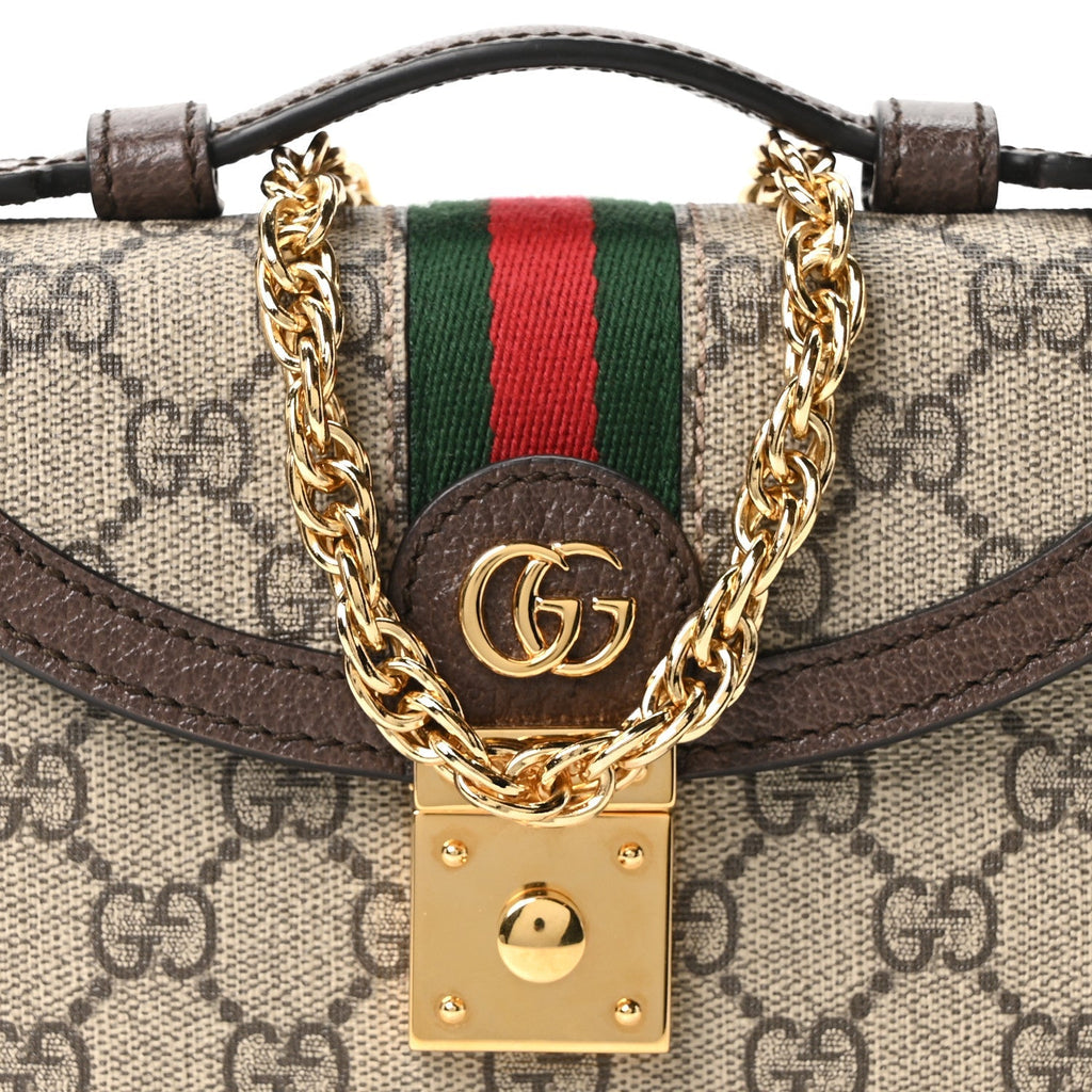 GG Supreme Monogram Textured Dollar Calfskin Web Mini Ophidia Padlock Top Handle Chain Shoulder Bag Beige Ebony New Acero
