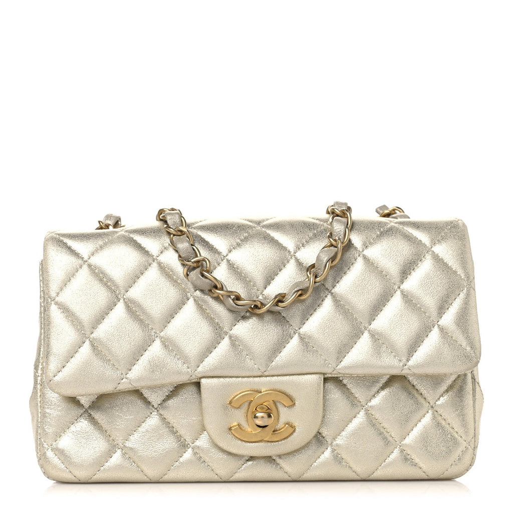 Metallic Lambskin Quilted Mini Rectangular Flap Gold