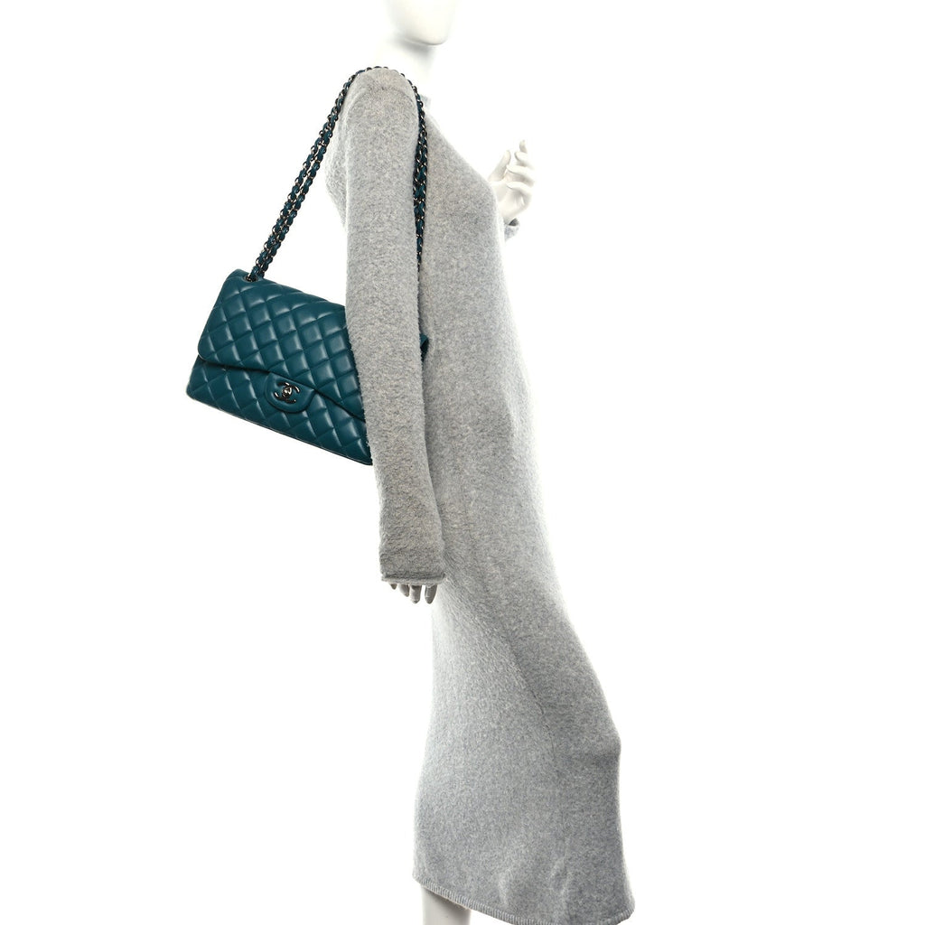 Lambskin Quilted Jumbo Double Flap Turquoise