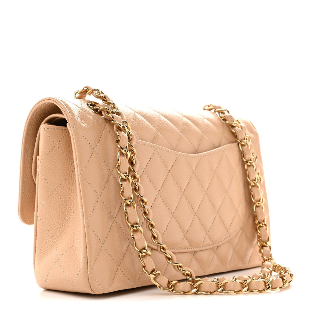 Caviar Quilted Medium Double Flap Beige