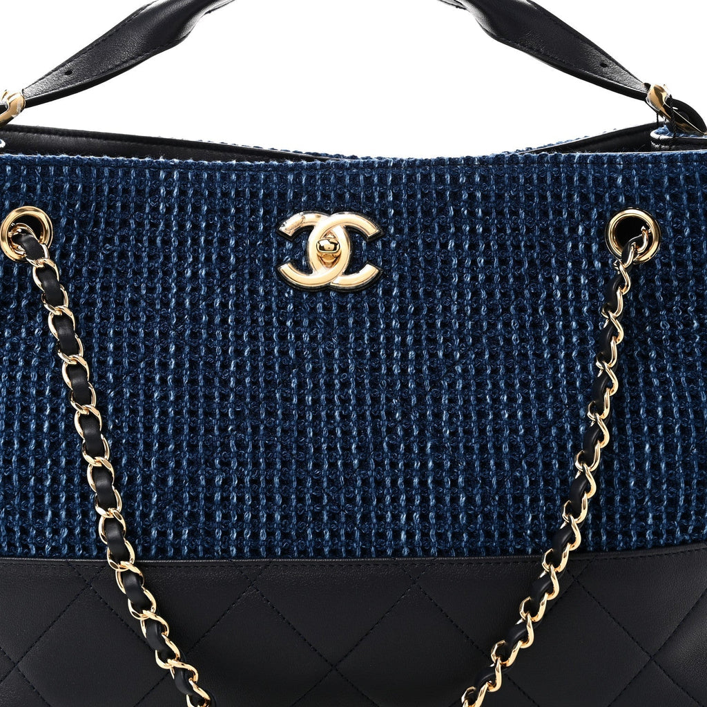 Tweed Shiny Lambskin Quilted Coco Base Small Shopping Bag Dark Blue