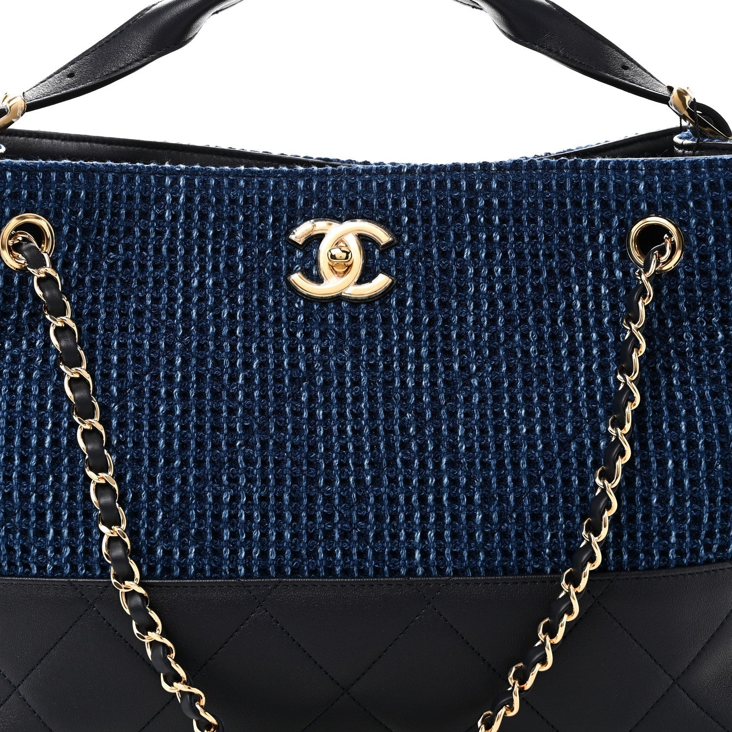 Tweed Shiny Lambskin Quilted Coco Base Small Shopping Bag Dark Blue