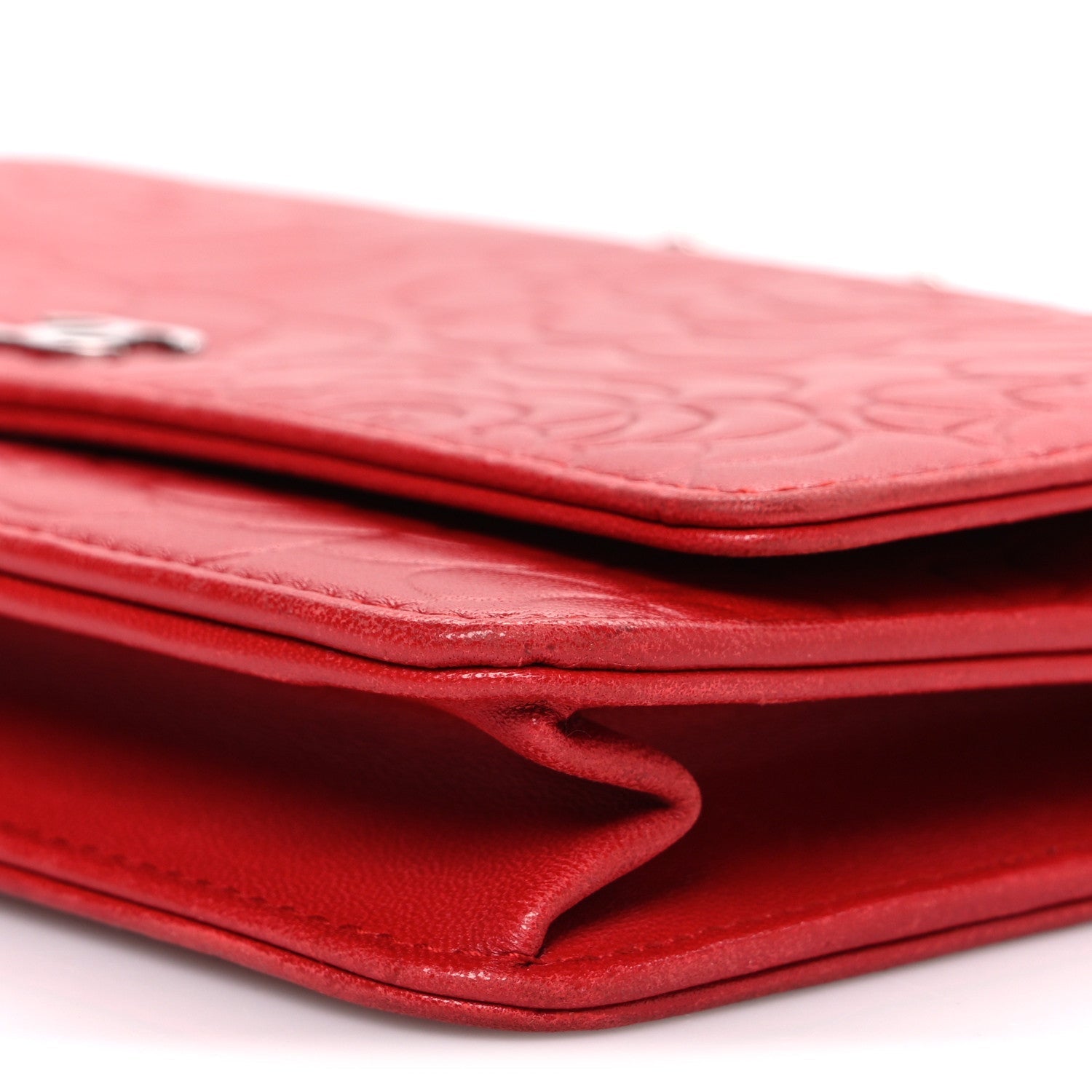 Lambskin Camellia Embossed Wallet on Chain WOC Red