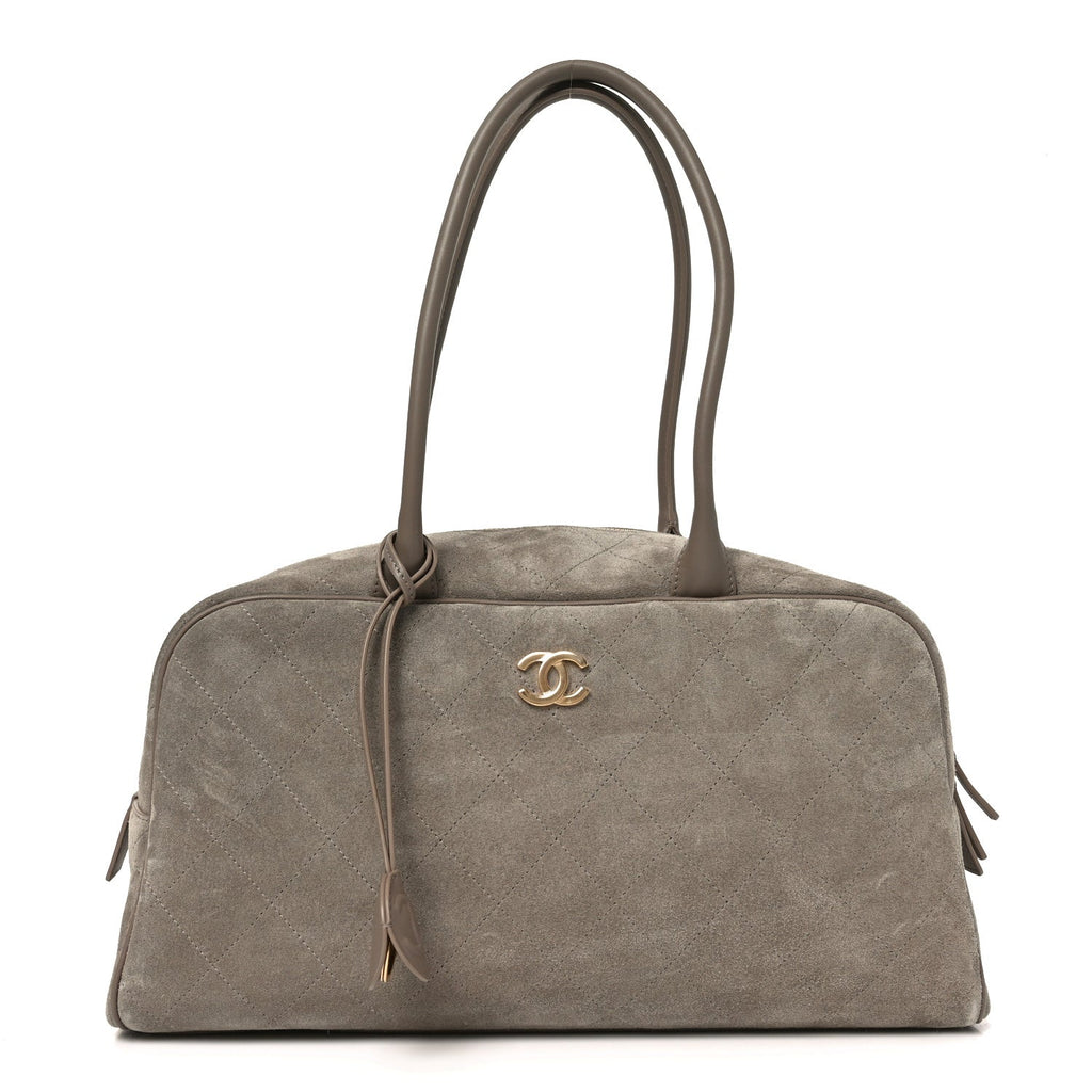 Suede Calfskin Quilted Large Perfect Bowling Bag Grey